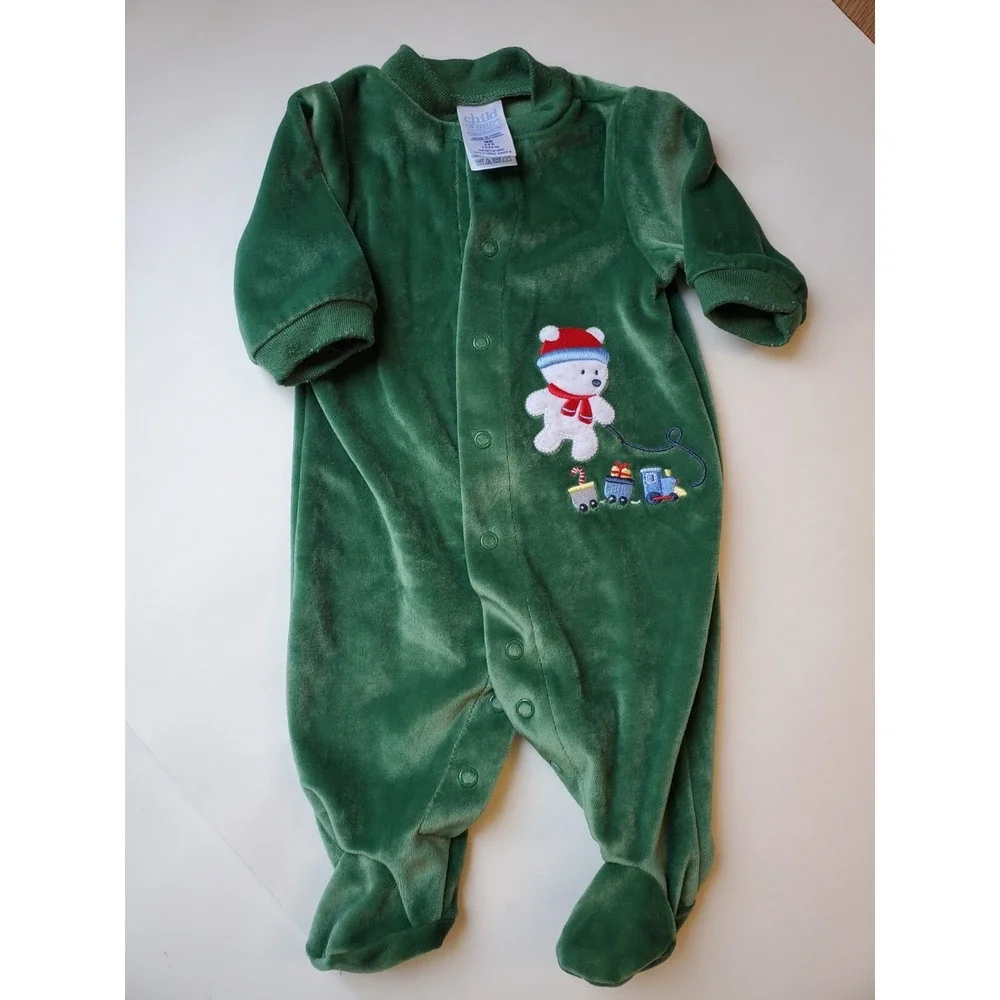 Carters Green‎ velour vintage Teddy Bear Toy Train sleeper bodysuit Newborn baby